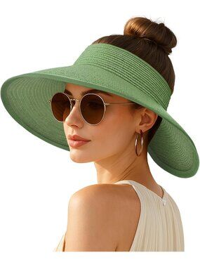 Women's Green Wide Brim Straw Foldable Floppy Beach Visor Ponytail Sun Hats